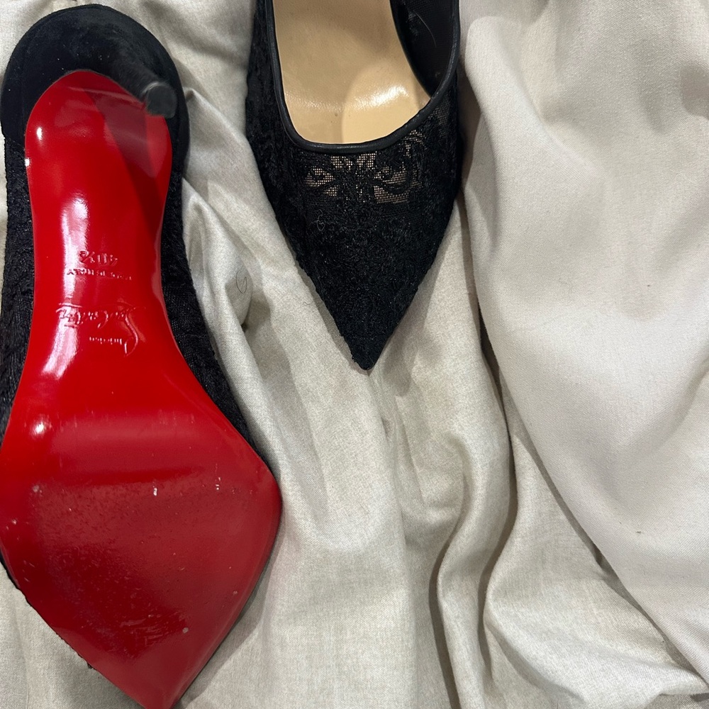 Christian Louboutin Black Lace Pointed-Toe Red Sole Pumps - Picture 9 of 11